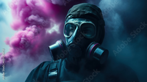 A man in a gas mask against the smoke