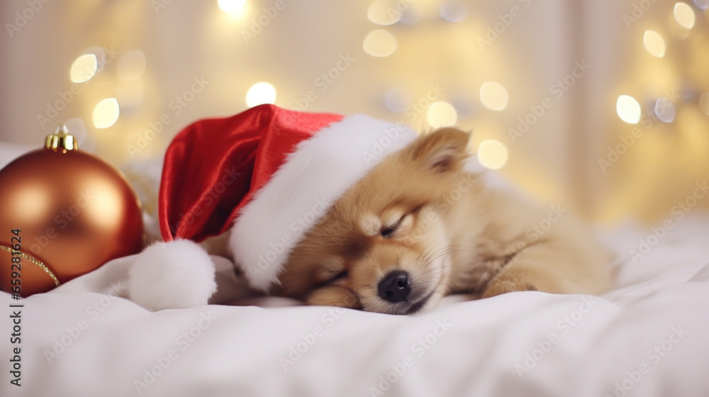 Cute puppy sleeping in a knitted santa hat