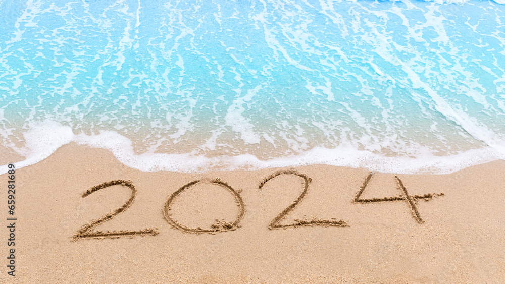 2024 new year goals planning concept. Numbers 2024 on brown sand and blue ocean waves. Top view.Investment in 2024. Copy space for your design or text. Wallpaper background - obrazy, fototapety, plakaty 