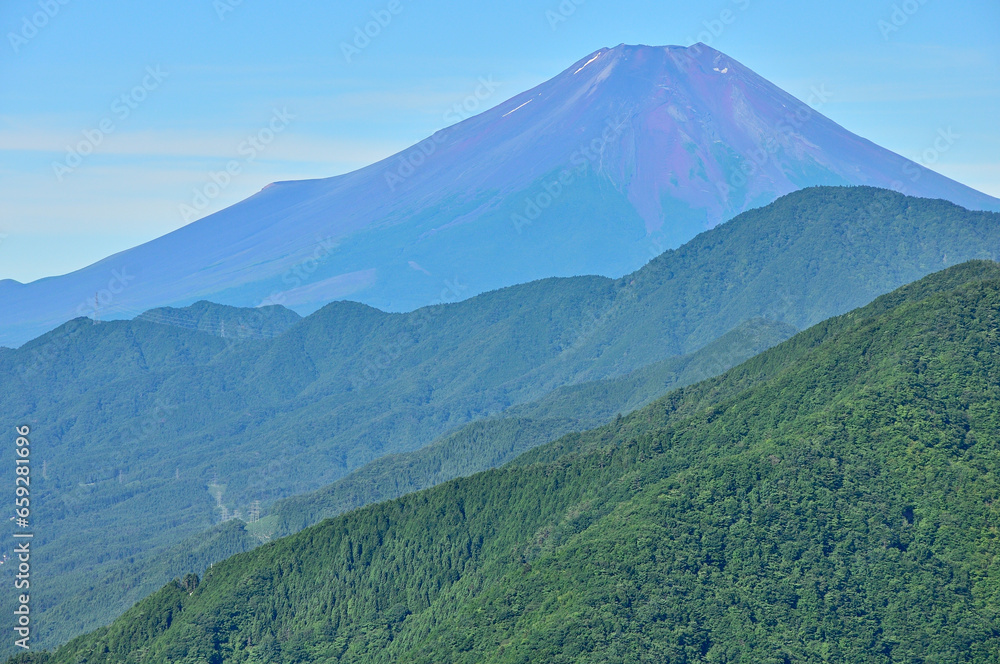 Naklejka premium 道志山塊の道志山稜縦走コース 赤鞍ヶ岳のウバガ岩より夏富士山を望む 