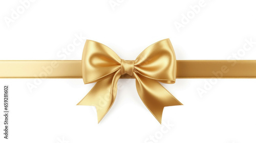 Gold satin bow with ribbons on white background