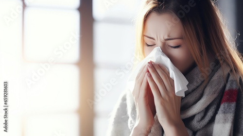 Young woman on a winter coat suffering from allergies or the flu blows her nose or sneezes into a handkerchief.