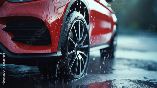 A close-up of a car during a car wash