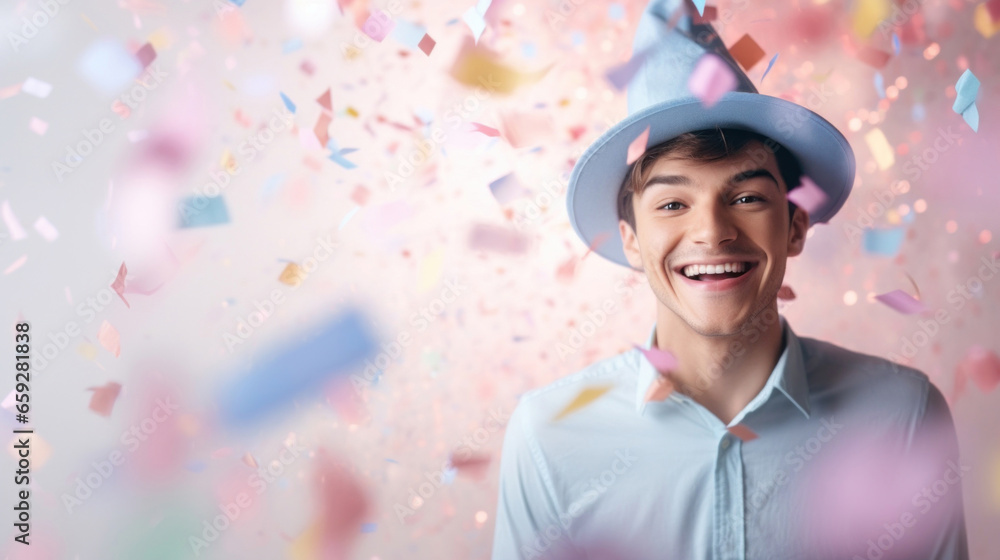 Happy young man in a hat against the background of flying colored confetti Happy young man in a hat against the background of flying colored confetti