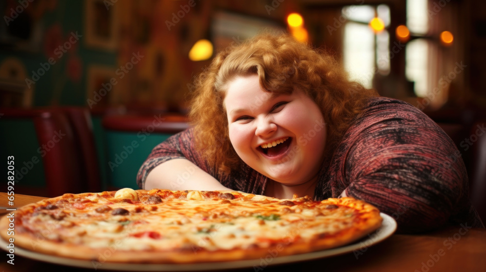 Fat happy woman in restaurant or cafe with pizza