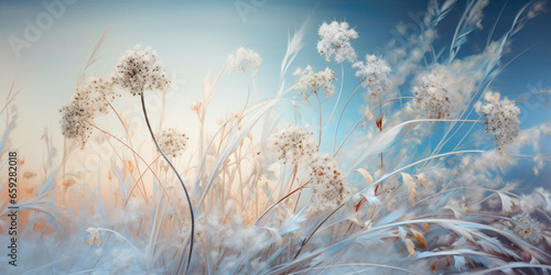 Snowflakes frost on grass with brown lupine  herbs and wheat field