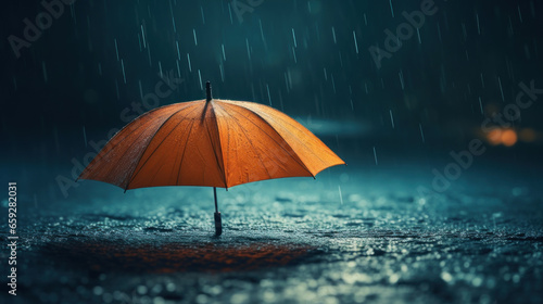 Orange umbrella on the pavement in the rain.