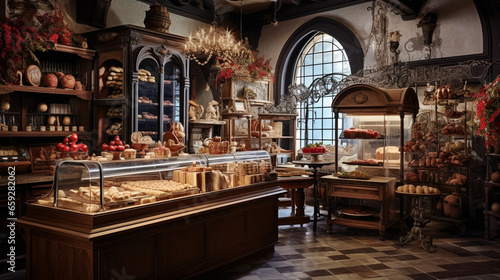 Historic Italian bakery with antique interiors  showcase is filled with various Maritozzo and other baked goods. Banner.