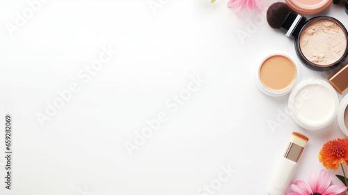 Woman cosmetics on white background. Top view