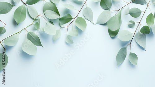 Eucalyptus leaves on pastel background. Flat lay, top view