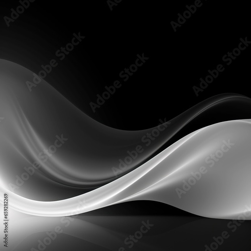 Elegant black and white background with waves. Smooth gradient, glow, neon. Banner design, place for text