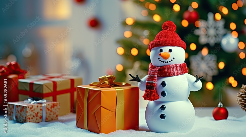 Snowman with red gift box on the living room AI Generative Snowman with red gift box on the living room AI Generative