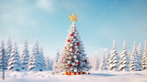 Christmas tree with gift box on the winter background AI Generative