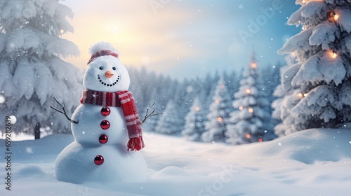 Snowman with Christmas tree on the winter background AI Generative © Tebha Workspace