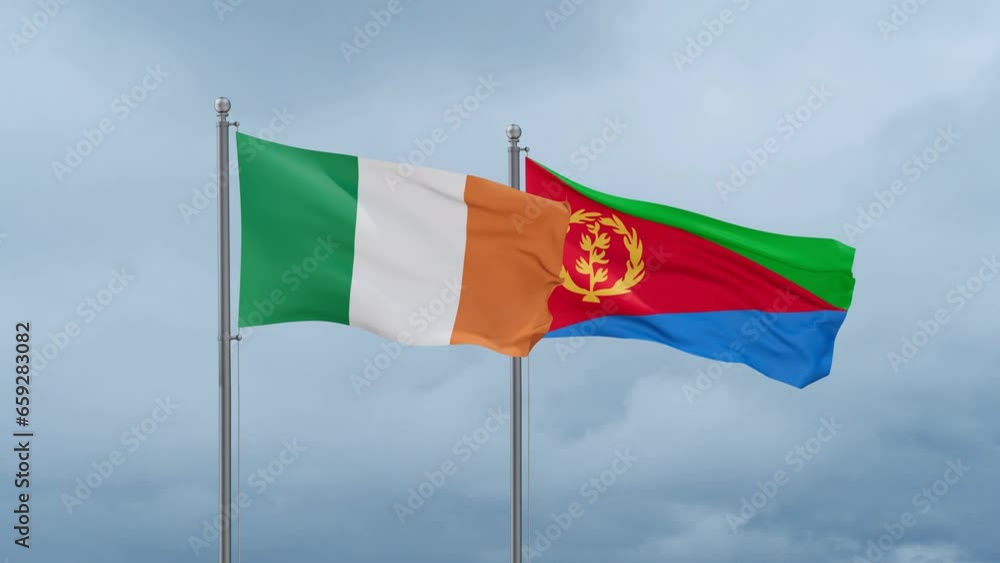 Eritrea and Ireland flag waving together on cloudy sky, endless seamless loop, two country cooperation concept Eritrea and Ireland flag waving together on cloudy sky, endless seamless loop, two country cooperation concept