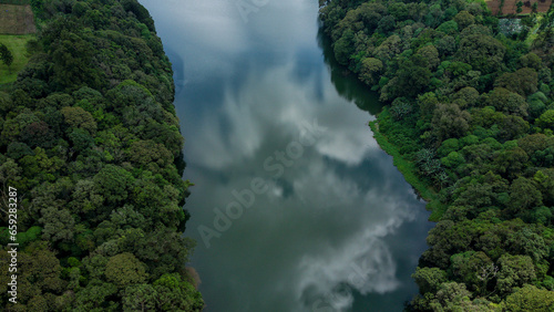 Aerial image of a beautiful lake hidden at the foot of Mount Slamet  Indonesia. The name is Telaga Ranjeng