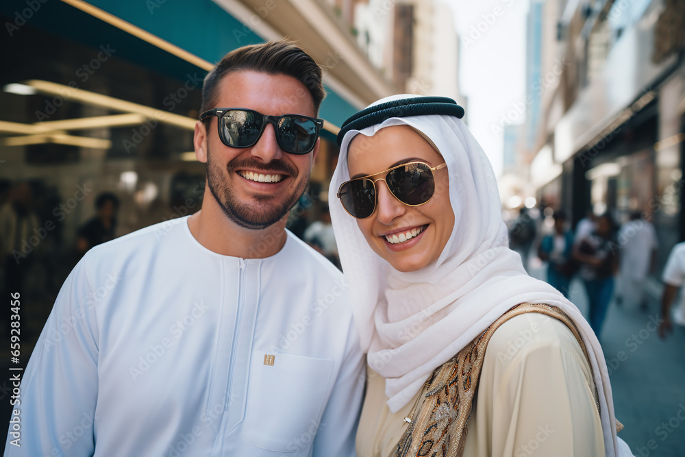 Beautiful couple in sunglasses laughs happily and walks through the streets of Dubai