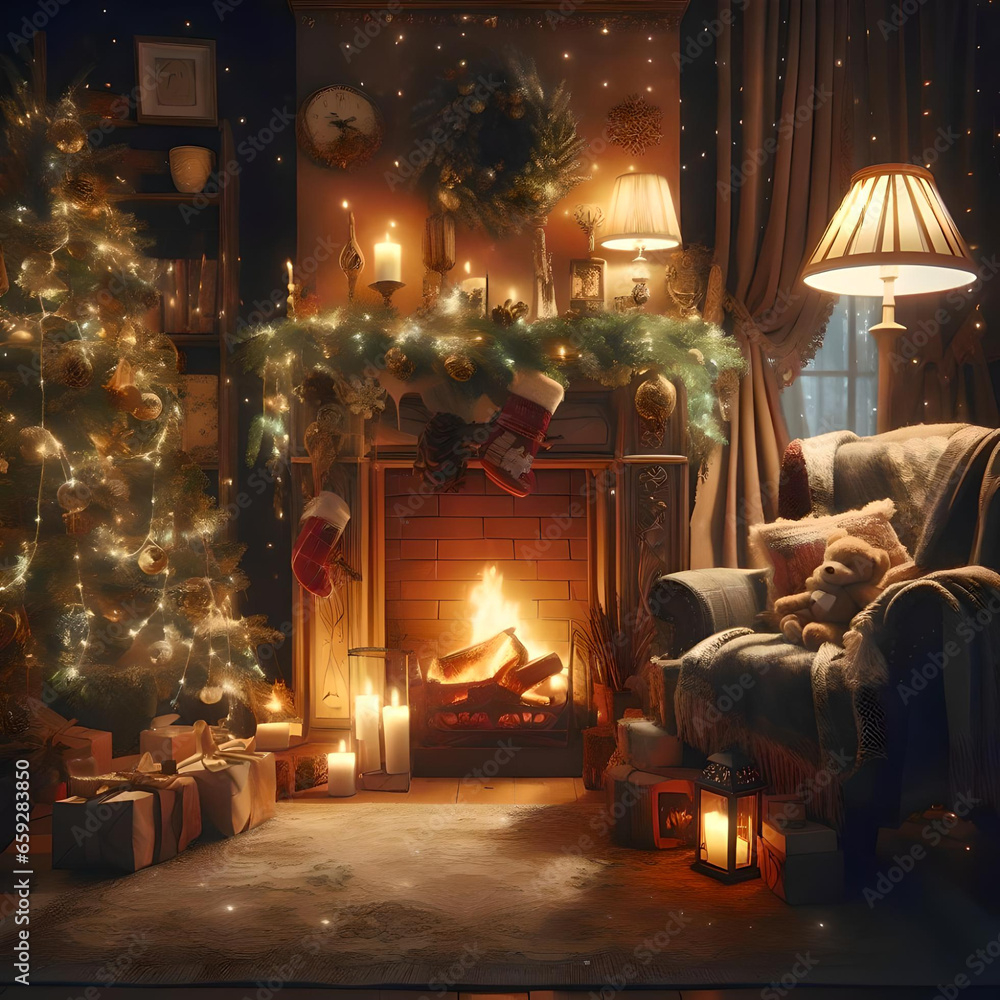 Step into a heartwarming Christmas wonderland: a cozy room adorned with presents, a crackling fireplace, and a beautifully decorated Christmas tree.