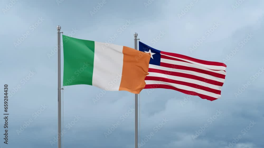 Liberia and Ireland flag waving together on cloudy sky, endless seamless loop, two country cooperation concept Liberia and Ireland flag waving together on cloudy sky, endless seamless loop, two country cooperation concept
