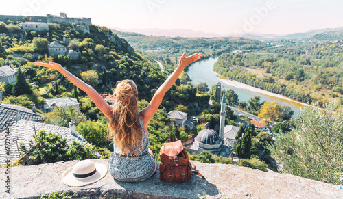 Happy traveler woman in Bosnia Herzegovina- Travel, tour tourism,vacation destination- Balkans