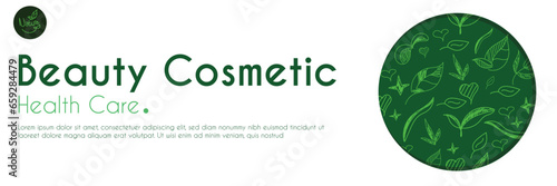 Green nature beauty cosmetic pattern, eco cosmetics concept for bio cosmetics banner. Vector icons of heart. Eco-friendly seamless background. Natural pattern and logo for beauty care. label tag