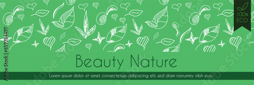 Green nature beauty cosmetic pattern, eco cosmetics concept for bio cosmetics banner. Vector icons of heart. Eco-friendly seamless background. Natural pattern and logo for beauty care. label tag