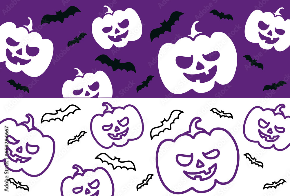 Obraz premium ハロウィンのカボチャとコウモリの紫と黒の帯状の背景素材