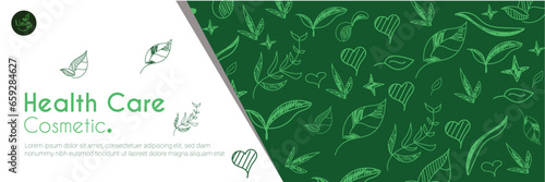 Green nature beauty cosmetic pattern, eco cosmetics concept for bio cosmetics banner. Vector icons of heart. Eco-friendly seamless background. Natural pattern and logo for beauty care. label tag