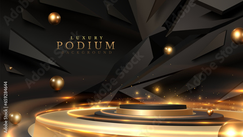 3d gold podium and ball elements with black stone scene decoration on dark. Luxury award ceremony background. Modern art design.