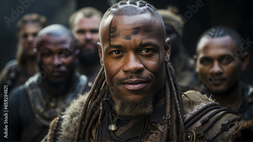 In the center, a single bald black man, completely devoid of hair on his head, short in stature, and overweight, dressed in Viking attire, surrounded by 7 Nordic Viking men, in typical Viking attire. 