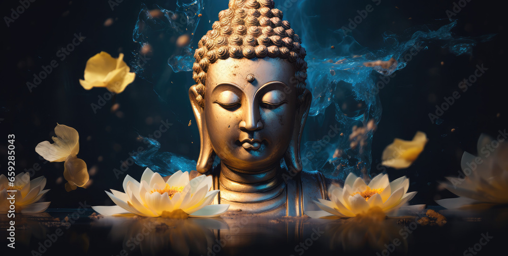 the painting of buddha golden statue decorated with lotus blossoms