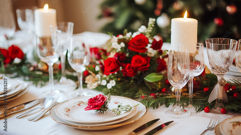 Table decor, holiday tablescape and formal dinner table setting for Christmas, holidays and event celebration, English country decoration and home styling Table decor, holiday tablescape and formal dinner table setting for Christmas, holidays and event celebration, English country decoration and home styling