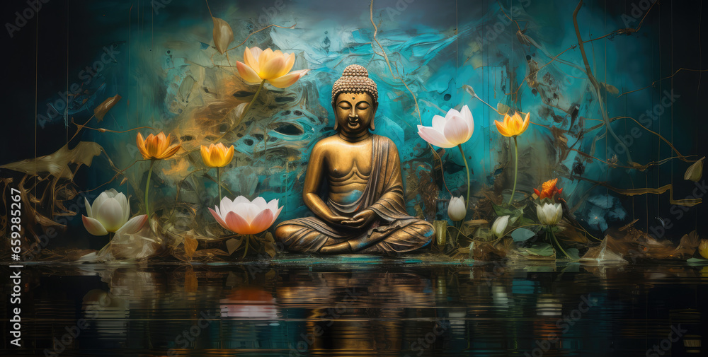 the painting of buddha golden statue decorated with lotus blossoms