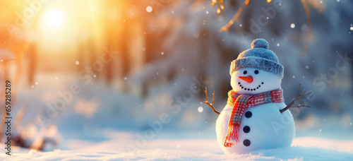 a snowman wearing a scarf and hat with snow © Kien