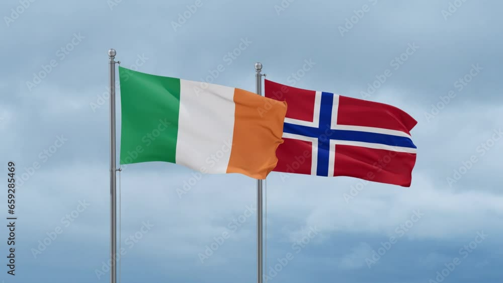 Norway flag and Ireland flag waving together on cloudy sky, endless seamless loop, two country relations concept Norway flag and Ireland flag waving together on cloudy sky, endless seamless loop, two country relations concept