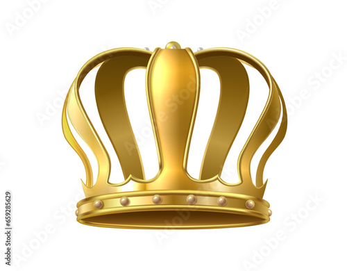 3d realistic vector icon. Golden king crown coronation monarchy symbol. Isolated on white background.