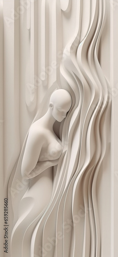 Female mannequin and abstract flowing geometry, glamour scene in beige tones