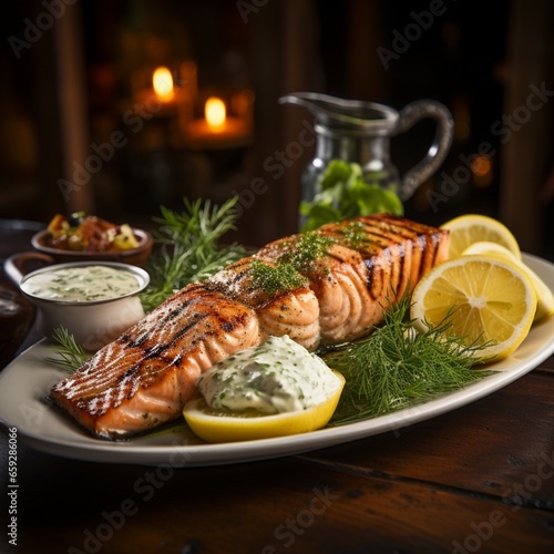 Grilled salmon with lemon dill sauce, Generative AI.