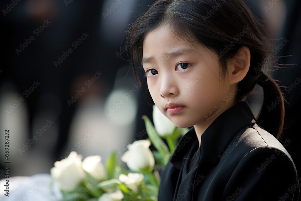 Portrait of a little asian girl with in the cemetery,Funeral Concept