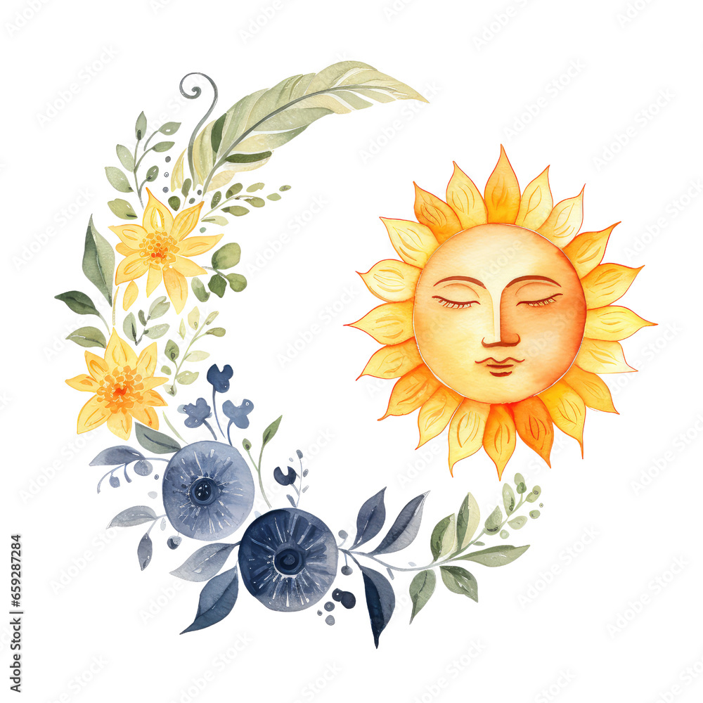 Fototapeta premium watercolor boho sun and moon autumn clipart