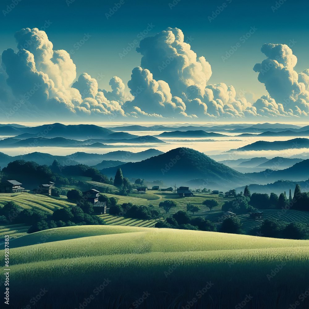 Fototapeta premium Mountain landscape with colored meadow at sunset. Generated by AI