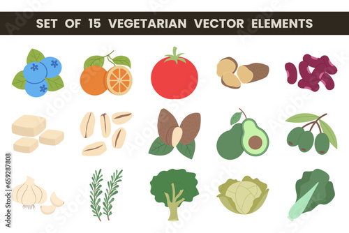 Set of 15 vector elements. Vector illustrations with vegetarian theme.