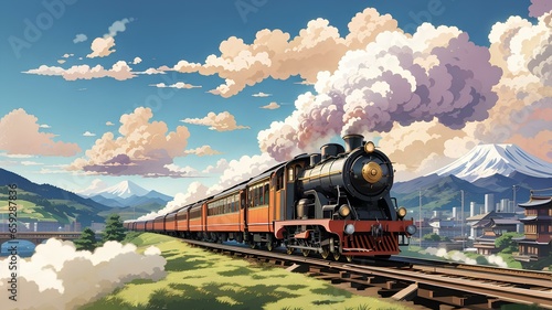 A classic steam train with beautiful scenery. Vector art. Traditional Japanese style. Generative AI.