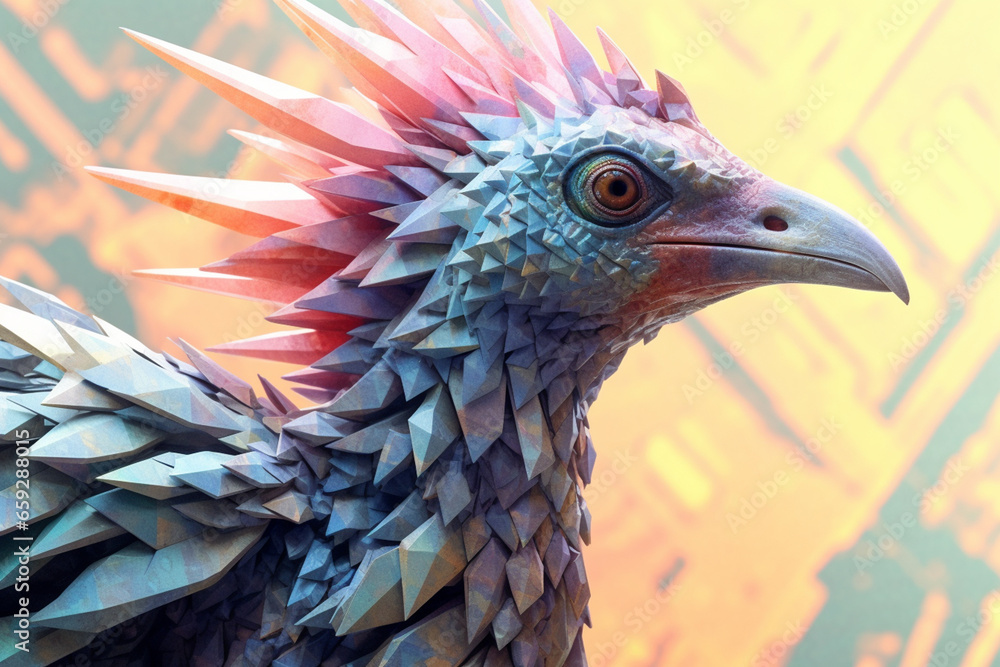 Fototapeta premium A pastel-colored geometric-style Microraptor artwork with intricate geometric shapes and soft pastel hues. 