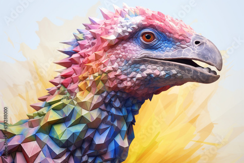 A pastel-colored geometric-style Oviraptor artwork with intricate geometric shapes and soft pastel hues. 