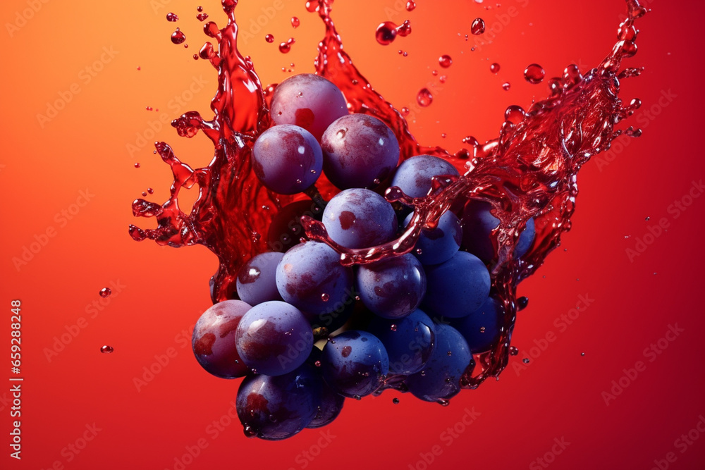 An vibrant photograph Tempranillo grape splashed in bright paint, contemporary background. Generative AI technology