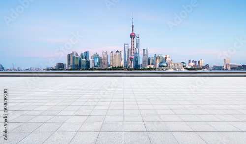 financial district buildings of shanghai and empty floor in sunny day