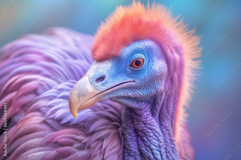 A pastel-colored Dodo Bird with a majestic mane, rendered in soft hues of pink, purple, and blue, exuding a serene and regal presence.
