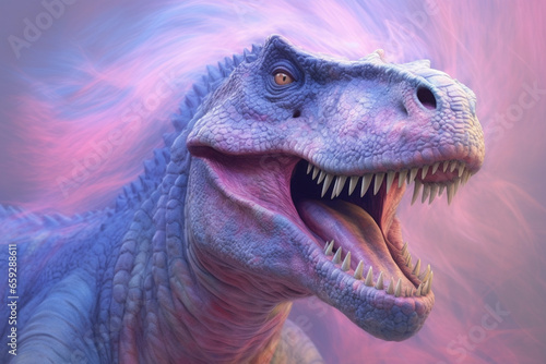 A pastel-colored Tyrannosaurus Rex with a majestic mane  rendered in soft hues of pink  purple  and blue  exuding a serene and regal presence. 