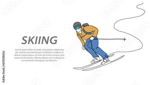 Skier skiing downhill vector background, banner, poster. One continuous line art drawing of downhill skiing, winter sport